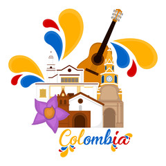 Church buildings with a flower and guitar. Representative image of colombia - Vector