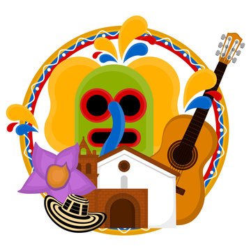 Church building with a marimonda mask, hat, flower and guitar. Representative image of colombia - Vector