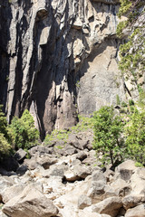 Dried up river bed and boulders exposed in Yosemite Valley California