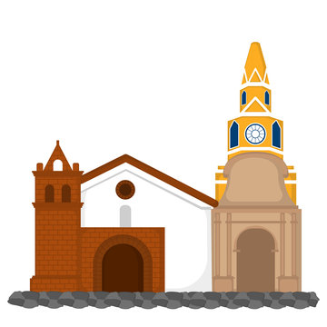 Clock Tower With Church Image - Vector Illustration