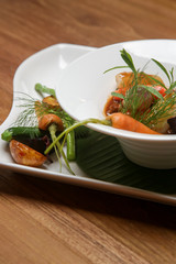 Slow-cooked pork filet in a white wine demi-glace sauce. Exquisite dish. Creative restaurant meal concept