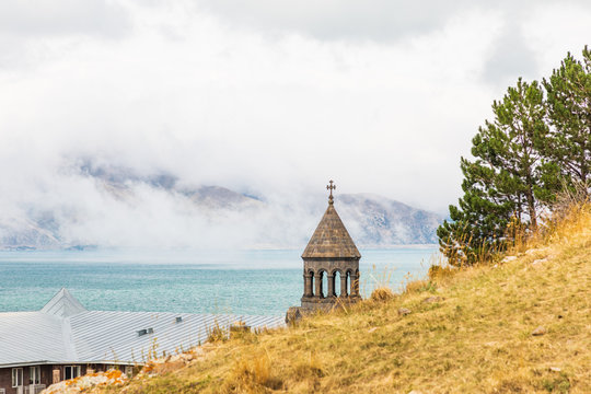 Western Asia, Eurasia, South Caucasus, Republic of Armenia. Sevan. View across Lake Sevan from the Sevanavank Monastery complex.