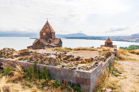 Western Asia, Eurasia, South Caucasus, Republic of Armenia. Sevan. The churches of Surp Arakelots (left) and Surp Astvatsatsin (right). At the Sevanavank Monastery complex on Lake Sevan.