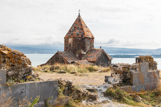 Western Asia, Eurasia, South Caucasus, Republic of Armenia. Sevan. The church of Surp Arakelots at the Sevanavank Monastery complex on Lake Sevan.