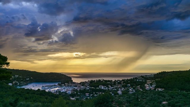 Port de Soller, sunset in the rain, time lapse, Mallorca, Spain, 4k 