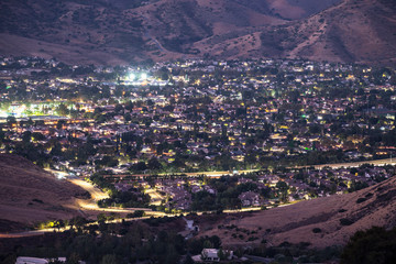 Predawn view of sleepy suburban rooftops in Simi Valley near Los Angeles in Ventura County, California.