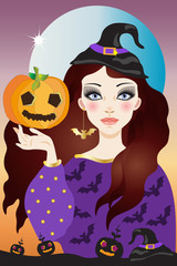 Illustration for halloween party with a beautiful witch holding a pumpkin