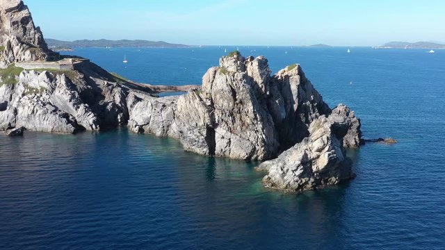 rocks in the sea cap M&egrave;des Porquerolles aerial view sunny day diving area France french riviera