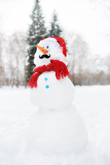 Handmade snowman with a scarf, Santa Claus hat, carrot nose and mustache in a snowy park.