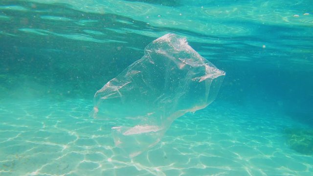 A plastic bag is floating in a sea/ocean. Plastic pollution, big environmental problem on our planet. 