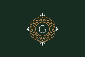 Luxury gold green logo design template vector illustration for Restaurant, Royalty, Boutique, Cafe, Hotel, Heraldic, Jewelry and Fashion. Ornament shapes for logotype or badge design.
