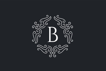 Luxury white and black logo design template vector illustration for Restaurant, Royalty, Boutique, Cafe, Hotel, Heraldic, Jewelry and Fashion. Ornament shapes for logotype or badge design.