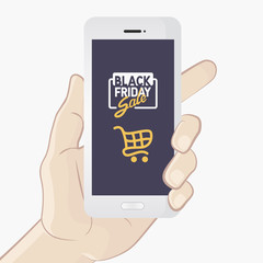 Black friday sale. Hand holding smartphone with Black friday sale on screen