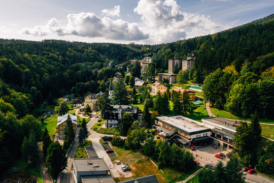 Aerial drone photography of giant mountains, Janskie laznie, Czech Republic.
