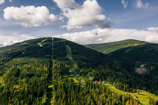 Aerial drone photography of giant mountains, Janskie laznie, Czech Republic.
