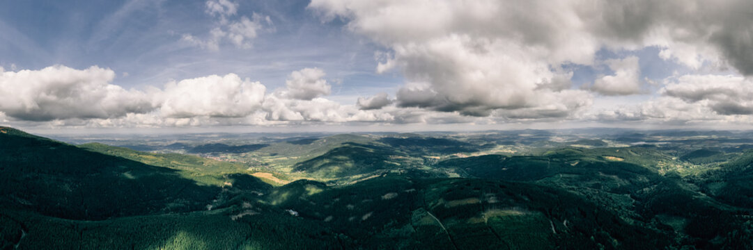 Aerial drone photography of giant mountains, Poland - Czech Republic border. Panoramic shot. 