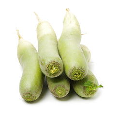 Whole single green radish on white background 