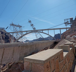 Beautiful Giant Hoover Dam view, Mike O'Callaghan–Pat Tillman Memorial Bridge, Kingman wash access road, sunny day