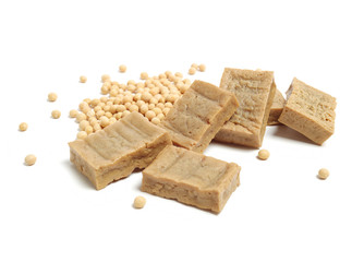 Tofu and soybean on white background