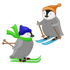 Two penguins skiing isolated on white background
