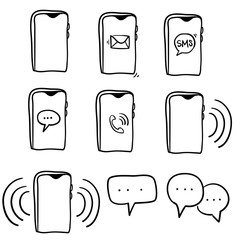 Phone notification icons on white background, sms icon, cell phone, call phone, message, doodle illustration