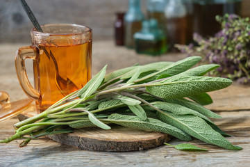 Fresh sage, cup of healthy salvia tea, medicinal herbs and glass bottles of essential oil and tincture on background. - obrazy, fototapety, plakaty