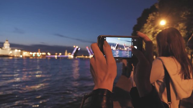 Amazing view of divorce Palace Bridge Dvortsovy over Neva River at Saint Petersburg, Russia. White nights in St. Petersburg.