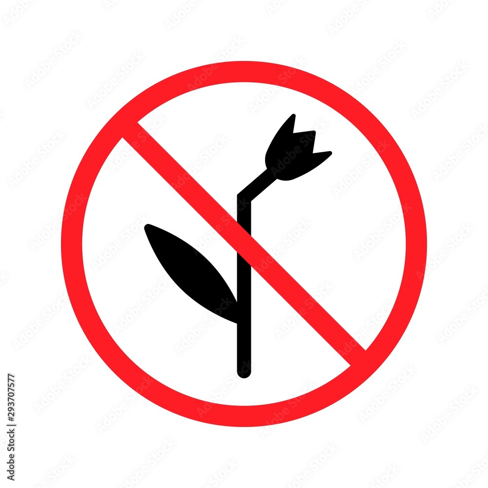 Sticker Prohibited from picking flowers, caution warn symbol for public areas to do not do that. High quality prohibition sign isolated on white.