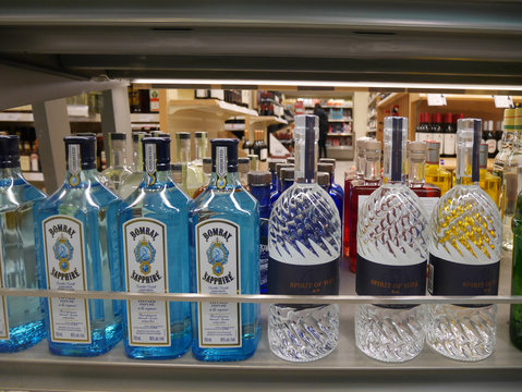 Shelf Of Bottles Of Gin In A Specialty Liquor Store