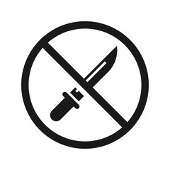 The vector of No Knife or No Weapon Sign. No weapon allowed symbol. Knife cross out. High quality prohibition sign isolated on white. City public signs. Monochrome, one color, black and white.