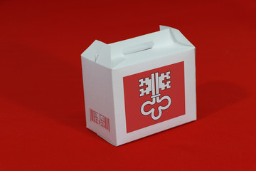 Nidwalden flag on white box with barcode and the canton color flag of Switzerland on black...