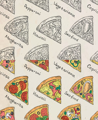 Beautiful pattern of Italian Pizza. Six slices of Margarita, Hawaii, Pepperoni, Vegetarian and Seafood pizza - 293710559