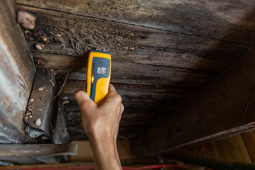 Indoor damp & air quality (IAQ) testing. A close-up view of a home inspector at work in a...