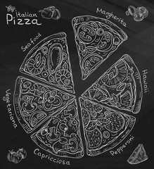 Beautiful illustration of Italian Pizza. Six slices of Margarita, Hawaii, Pepperoni, Vegetarian and Seafood pizza. Chalk and Chalkboard