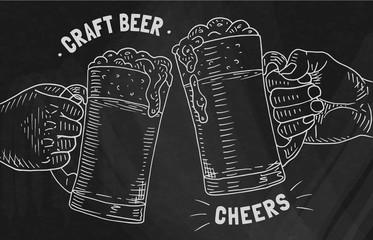 Two glasses of craft beer on the chalkboard background. Cheers - 293712345