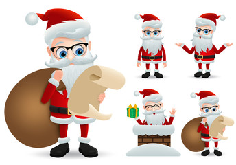 Santa claus christmas  character set. Santa claus vector characters holding and reading wish list while carrying sack or bag of christmas gift with happy face expression isolated in white background. 