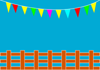 brown fence and hanging multi colors triangle flag on blue background