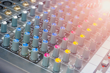 Fototapeta premium Close up of Sound controller or multi chanel sound mixer. copy space and background.