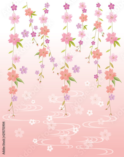 桜吊るし飾り花びら背景京都流線和風和柄水彩手描きapril Poster Apr Okaka08