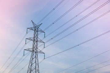 High voltage post tower with blue sky