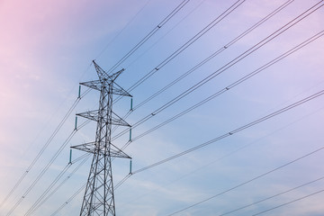 High voltage post tower with blue sky