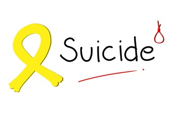 Hand drawing. Yellow ribbon, wording Suicide and red noose rope on white background. Can be use for advertising, brochure, poster, web.