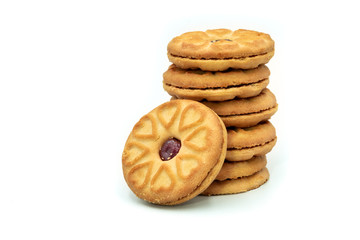 Stack of jam biscuits or cookies on white background
