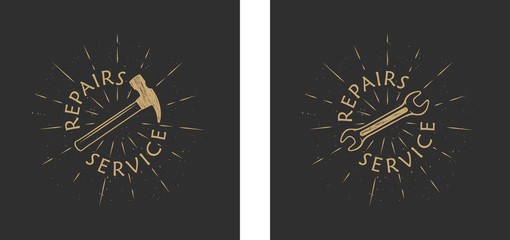 Color illustration on a black background hammer, wrench, text and rays. Vector tool illustration with grunge texture.