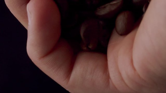 Caucasian hands dropping fresh roasted coffee beans. Close up shot with black background.