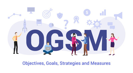 ogsm objectives goals strategies and measures concept with big word or text and team people with modern flat style - vector