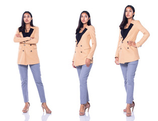 Obraz premium Full Length Snap Figure 20s 30s Asian Business Woman Stand in cream Formal proper Suit pants and high heel shoes, studio lighting white background isolated, collage group pack 360