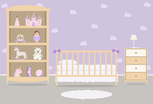 Purple bedroom for a baby girl. Kid's room for a newborn baby. Interior. There is a cot, a wardrobe with toys and other things in the picture. Vector illustration