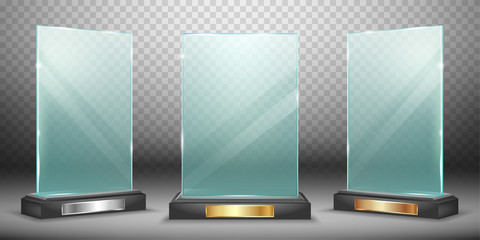 Glass trophy or winner award realistic vector illustration. Transparent crystal or acrylic frame on black pedestal with gold silver and bronze plate, isolared side and front view with light and shadow