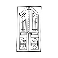 Vector old fashioned doors with carved cornice, decorated pilasters and door panels. Door in retro style isolated.
